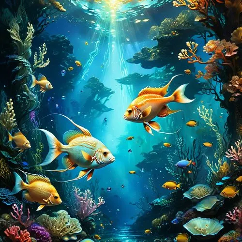 tropical fish in the deep blue sea with a coral reef and sparkling gems and gold spread all over the bottom floor,an underwater scene with fish and other aquatic life,underwater background,aquarium,un