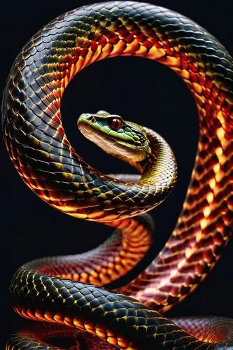 apture a photo-realistic image of a snake with dragon horns, no legs, adorned with black scales featuring intricate red and gold patterning. The snake should have colorful, beautiful eyes and be depic