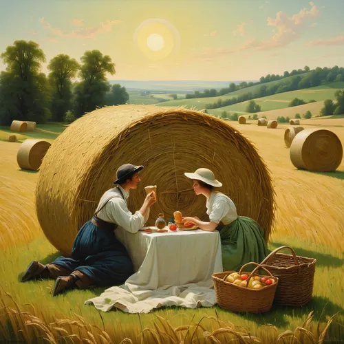 Create a romantic setting where two lovers have a picnic amidst rolling round bales.,grant wood,haymaking,straw harvest,breadbasket,picnic,picnic basket,round straw bales,romantic scene,idyll,straw ba