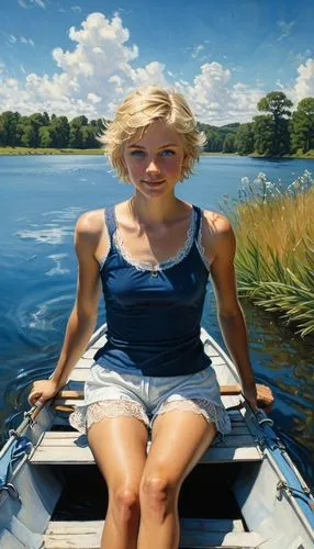 girl on the boat,girl on the river,the blonde in the river,rowing dolle,watercraft rowing,single scull,rowing-boat,rowing boat,rower,rowing,coxswain,kayaker,row boat,paddler,row-boat,motor boat race,boat rowing,greta oto,pedalos,watercraft,Illustration,Realistic Fantasy,Realistic Fantasy 03