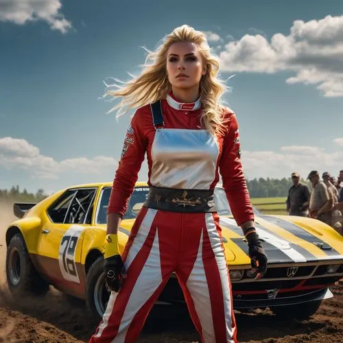 A captivating 3D render of a 29-year-old blonde car racing girl, dressed in a red racing overall with bold yellow stripes and advertising. She stands confidently at the start of a thrilling stock car 