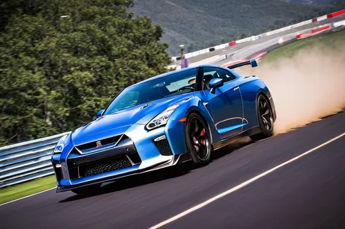 Describe the exhilarating speed and power of the Nissan GTR as it dominates the racetrack.,gtr,lexus lfa,nissan gtr,nissan gt-r,sports car racing,cadillac cts-v,roaring,fast car,nissan skyline gt-r,fa