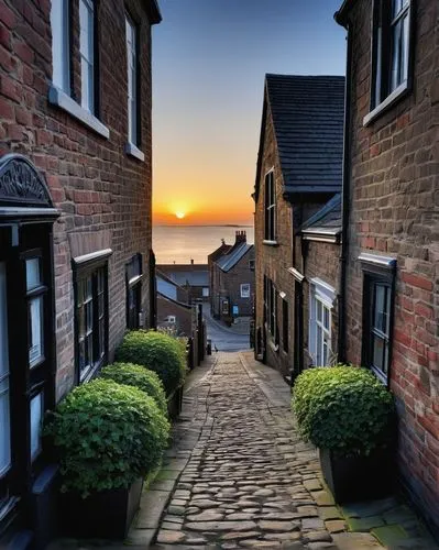 Wallasey, seaside town, Victorian-era architecture, intricately designed buildings, multi-paned windows, ornate facades, steeply pitched roofs, chimneys, ivy-covered walls, worn stone steps, wooden do