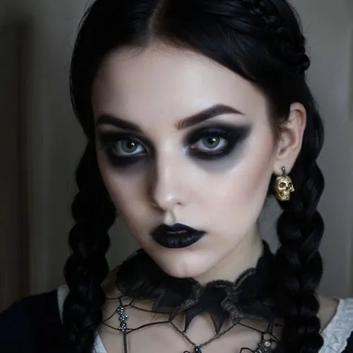 a gothic inspired woman is wearing an elaborate black choker,gothic woman,gothic style,vampy,gothic portrait,goth woman,goth like