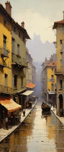 Create a somber painting with asymmetrical balance.,oberlo,italian painter,asher durand,ponte vecchio,souk,florentine,grissini,lucca,fineart,street scene,oil painting,lev lagorio,acqua pazza,sebastian