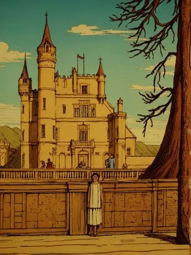 The painting depicts a young princess standing majestically in front of her father's magnificent castle. The castle rises up in the background.
The princess herself is dressed in a simple black gown a