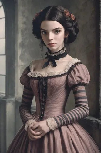 Victoria Everglot has a pale, translucent complexion, with a matte and opaque appearance that enhances her ghostly presence. She has dark brown hair that is tied up. Big, sad eyes. She has a haggard e