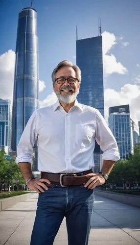 Middle-aged man, David Anderssen, architecture designer, mature, beard, glasses, short brown hair, casual smile, white shirt, dark blue jeans, black leather belt, brown loafers, holding a large rolled