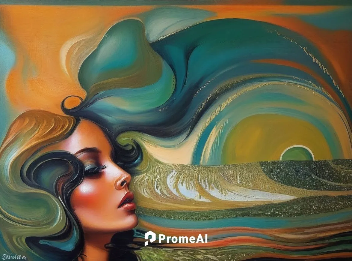 oil painting on canvas,psychedelic art,glass painting,wind wave,art deco woman,siren,swirling,oil painting,the wind from the sea,oil on canvas,art painting,woman thinking,fluid flow,ocean waves,rainbo