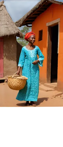 Nigerian scenery, colorful traditional clothing, vibrant patterns, bright sunshine, warm tropical atmosphere, adobe buildings, mud huts, thatched roofs, intricate carvings, ornate wooden doors, bustli