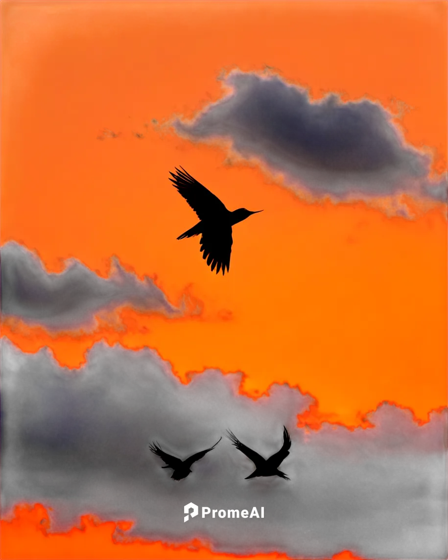 Silhouette birds, flock, flying, wings spread wide, vibrant orange sunset, gradient sky, fluffy clouds, warm lighting, 3/4 composition, shallow depth of field, soft focus, peaceful atmosphere, gentle 