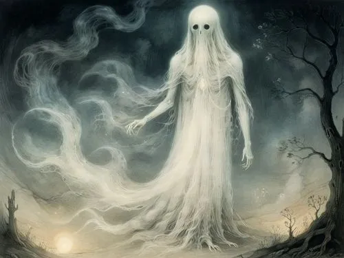 A hauntingly beautiful illustration of a ghostly apparition, with wispy, translucent limbs and a soft, eerie glow, dreamlike quality, with muted colors and a hazy, ethereal atmosphere that captures th