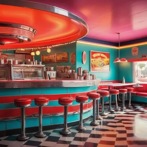 1950s style diner, retro futurism, curved lines, chrome accents, neon signs, bold color schemes, geometric patterns, vintage posters, American flags, nostalgic atmosphere, sunny day, warm lighting, sh