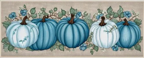 three blue pumpkins in the middle of a row,decorative squashes,cornucopias,calabazas,ornamental gourds,illustration of the flowers,decorative pumpkins