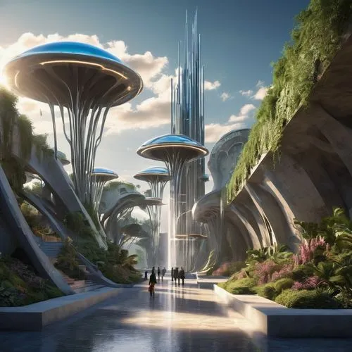 mujer protagonista de un libro de ciencia ficcion. Que esta perdida en un mundo alienigena con mucha tecnologia.,a futuristic looking building surrounded by trees,futuristic landscape,arcology,futuris