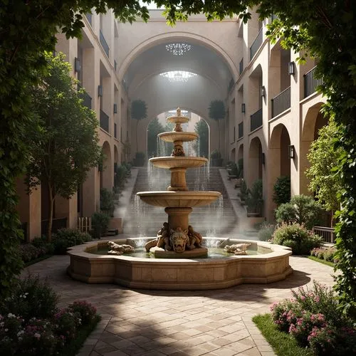 Grandiose fountain, intricately carved stone statues, ornate water basins, majestic lion's head spouts, lush greenery, vibrant flowers, delicate ivy tendrils, soft warm lighting, dramatic shadows, rus