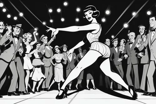 danceteria,nightclubbing,roaring twenties,cabaret,discotheque,dancefloor,roaring 20's,dazzler,nightclub,freedonia,discotheques,phryne,dancefloors,fosse,speakeasy,flappers,retro 1950's clip art,burlesques,mazzitelli,hirschfeld,Illustration,Black and White,Black and White 10