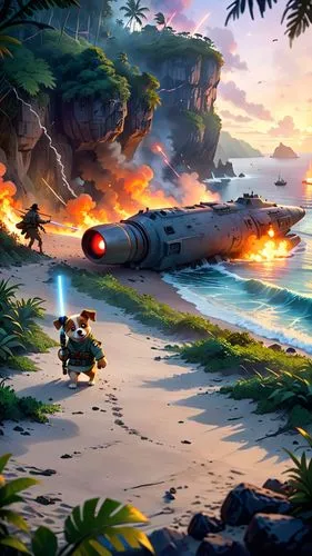 Starwars, lightsaber, jet engine, smoke, fire, cliff ,cg artwork,an island far away landscape,cartoon video game background,futuristic landscape,game illustration,castaway beach,beach scenery,fantasy 