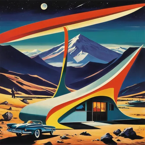 travel trailer poster,camping car,teardrop camper,motorhomes,motorhome,travel trailer,moon car,tourist camp,station wagon-station wagon,campground,caravan,caravanning,mobile home,atomic age,recreational vehicle,futuristic landscape,camping bus,camper,mountain station,campervan,Illustration,Retro,Retro 12