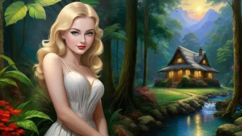 fantasy picture,the blonde in the river,landscape background,fairy tale character,forest background,fantasy art,amazonica,nature background,ninfa,fantasy woman,world digital painting,secret garden of venus,girl in the garden,fairy tale,fantasy girl,fairyland,romantic portrait,blonde woman,fairy village,background view nature