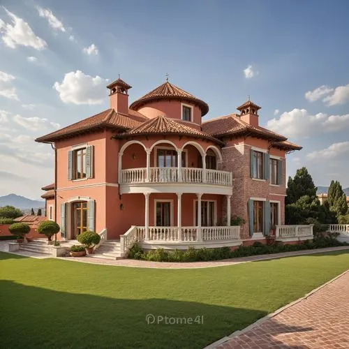 a big red mansion with many balconys,beautiful home,domaine,luxury home,private house,luxury property,large home,Photography,General,Realistic