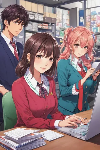 Develop a romantic comedy anime centered around a workplace on Anime Pahe.,computer game,computer program,classroom,laptop,desk,computer,school desk,girl at the computer,computer addiction,tutoring,co