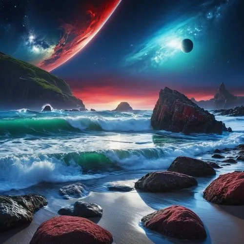 alien planet,alien world,fantasy landscape,futuristic landscape,fantasy picture,ocean background,Photography,General,Realistic