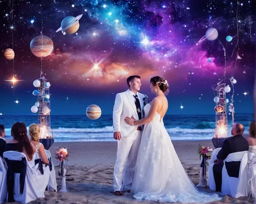 wedding photo,moon and star background,wedding decoration,wedding couple,honeymoon,fairy galaxy,wedding frame,romantic scene,just married,celestial bodies,silver wedding,astronomers,love background,magical moment,astronomy,galaxy collision,fantasy picture,photographic background,wedding ceremony,hanging stars,Conceptual Art,Sci-Fi,Sci-Fi 30