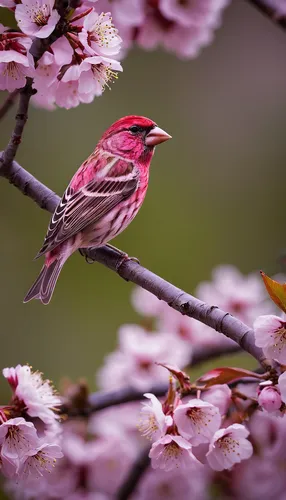 Write a poetic description of a purple finch perched on a blossoming cherry tree.,purple finch,spring bird,redpoll,bird flower,spring nature,asian bird,bird on branch,crimson finch,spring blossom,song