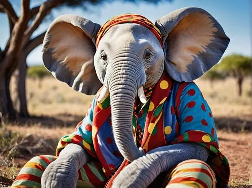 Muppet Elephant, large ears, grey skin, trunk curled up, big brown eyes, tusks, colorful Muppet-inspired clothing, polka dots, stripes, sitting, African savannah, acacia trees, sunny day, clear blue s