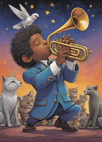 trumpeter,trumpet player,trumpet climber,trumpet,trumpet-trumpet,drawing trumpet,trumpet gold,euphonium,trumpet of jericho,sax,violinist violinist of the moon,art bard,saxhorn,star winds,trombone player,tuba,local trumpet,flugelhorn,wind instruments,trombonist,Illustration,Paper based,Paper Based 26