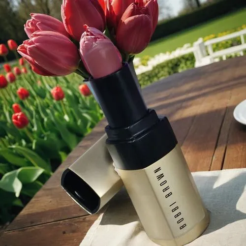 a pink lipstick in a tube with flowers in the background,guerlain,vineyard tulip,nars,tulip white,tuberose,revlon,Small Objects,Outdoor,Tulips