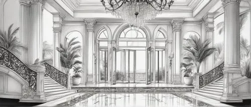 entranceways,wipp,ornate room,marble palace,archways,crypts,proscenium,plateresque,art deco background,ballroom,background design,palatial,praetorium,backgrounds,neoclassical,sanctuary,ballrooms,doorways,sanctum,mansion,Illustration,Black and White,Black and White 30