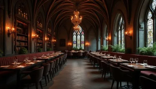 Dark, mysterious atmosphere, luxurious Gothic style restaurant, dimly lit, high ceilings, grand chandeliers, ornate wood carvings, stone walls, stained glass windows, heavy velvet drapes, rich furnish