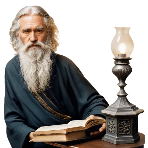 Illuminated ancient Greek philosopher, Enlightenment era, old man, white beard, long hair, wispy eyebrows, gentle facial expression, soft lighting, warm color tone, intricate stone pedestal, leather-b