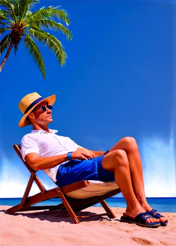 Beach scene, wooden beach chair, reclining, straw hat, sunglasses, relaxed posture, hands behind head, white shirt, blue shorts, sandals, tropical palm tree, clear sky, warm sunlight, shallow water, g