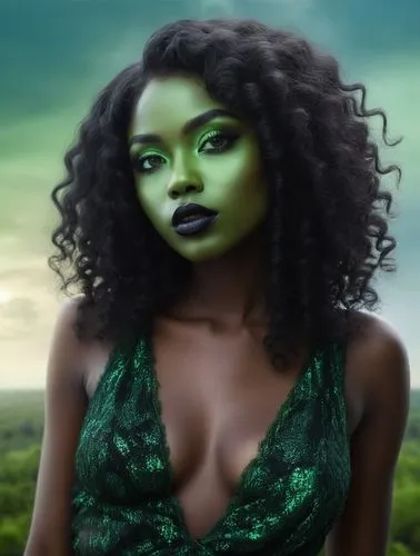 nude Beautiful nigerian girl, full dark curly hair, big green almond eyes, full black lips, misty sky,a women with dark skin, curly hair and green makeup,gamora,azealia,matangi,elphaba,shego,green ski