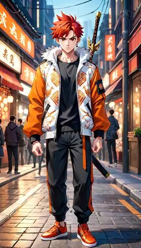 anime japanese clothing,stylish boy,tracksuit,alibaba,nikko,anime boy,gangneoung,male character,tokyo city,taipei,martial arts uniform,yang,jacket,sensoji,senso-ji,asakusa,hong,cg artwork,fire background,shinjuku,Anime,Anime,General