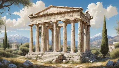 greek temple,roman temple,temple of diana,delphi,artemis temple,artena,pergamon,tiryns,laodicea,panagora,metapontum,temple of hercules,pergamum,messene,garni,taraxum,erechtheus,the ancient world,capitolium,roman columns,Illustration,Paper based,Paper Based 29