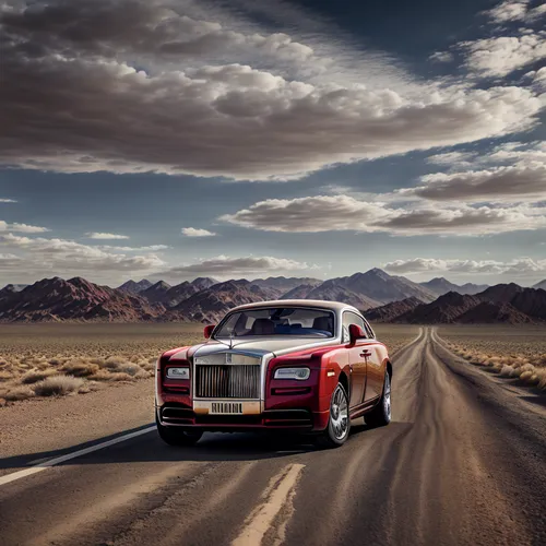 A Rolls Royce approaching the viewer along a desert road,rolls-royce ghost,rolls-royce wraith,rolls-royce phantom v,rolls-royce phantom,rolls-royce phantom vi,rolls-royce phantom i,rolls-royce,rolls r