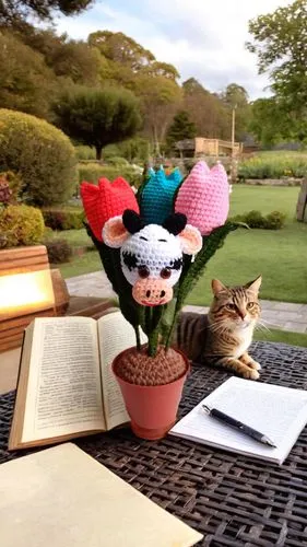 a cat is sitting on a table with books, an opened notebook and a crocheted cow head plant,flower cat,tea party cat,bookmark with flowers,alberty,flower pot holder,kittikachorn,Small Objects,Outdoor,Ga