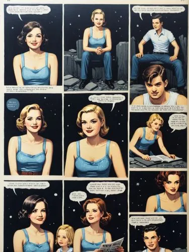 Design a fun comic page for a youth magazine.,comic strip with a comic panel that shows a man and woman sitting in chairs,pixton,comic speech bubbles,speech bubbles,dazzler,comic halftone woman,comic 