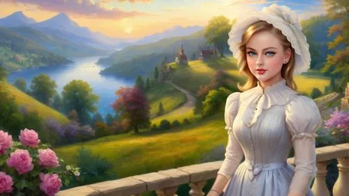 Romantic masterpiece oil painting, beautiful curvy busty woman standing portrait, silk sarafan dress, nostalgic 1950's style kitsch, breathtaking beautiful epic vast landscape, majestic scenery, highl