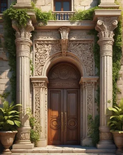 Ancient pilaster architecture, grandiose columns, ornate capitols, intricate carvings, weathered stone walls, majestic entrance, sweeping arches, ornamental facade, rustic stone flooring, surrounding 