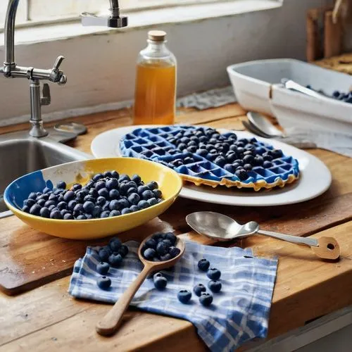 Blue waffles, disgusting food, messy kitchen table, morning sunlight, warm lighting, dirty dishes, stainless steel sink, faucet, worn-out wooden spoon, sweet syrup, butter melting, scattered blueberri