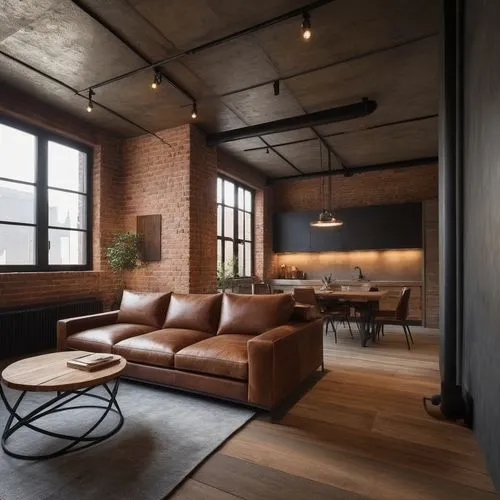 Create a series of hyper-realistic images showcasing an industrial-style interior design. The scene should prominently feature raw materials such as steel, iron, concrete, untreated wood, and exposed 