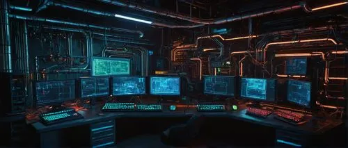 Cyberpunk scene, futuristic laboratory, hazards symbol warning signs, complex computer architecture, circuit boards, wires, microchips, CPU, motherboard, neon lights, dark ambient atmosphere, dimly li