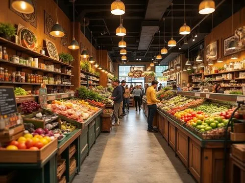 Eclectic grocery store, vibrant atmosphere, warm golden color scheme, modern eclectic interior design, wooden shelves, metal racks, colorful product displays, fresh produce stands, flower arrangements