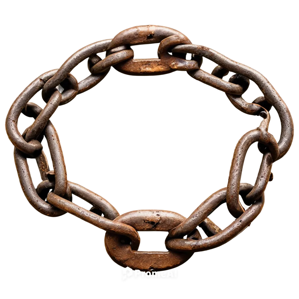 Broken chain, rusted metal, old worn-out links, snapped in half, lying on ground, detailed texture, realistic rusty color, close-up shot, shallow depth of field, dramatic lighting, cinematic compositi