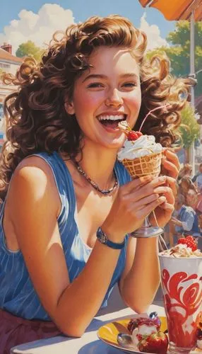 woman with ice-cream,girl with cereal bowl,woman holding pie,woman eating apple,gelati,icecream,Conceptual Art,Fantasy,Fantasy 04